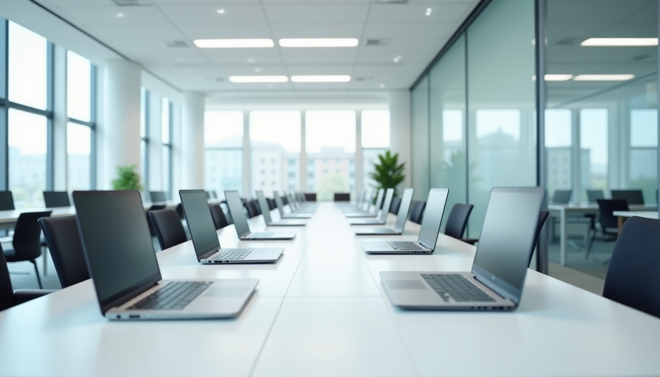 Uniform Fleet Of Standardized Business Laptops In A Professional Office Environment Uniform Fleet Of Standardized Business Laptops In A Professional Office Environment