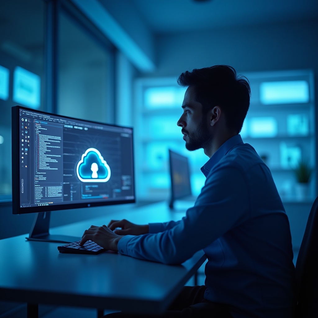 Focused IT engineer monitoring secure cloud infrastructure.